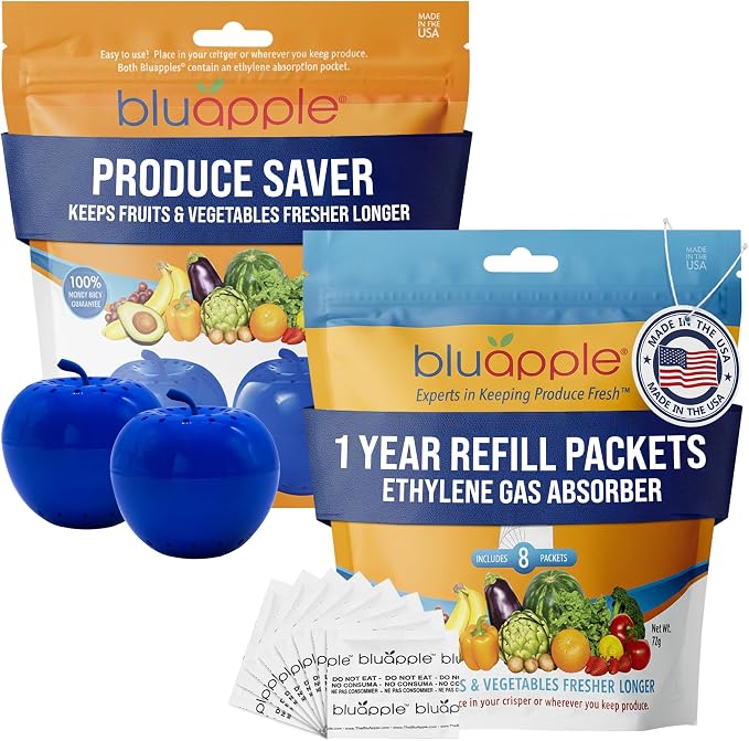 Bluapple Produce Saver Ethylene Gas Absorber - Fresh Fruit & Vegetable Storage for Refrigerator, Kitchen Must Haves, Produce Keeper, Fruit Saver, Each Packet Lasts 3 Months, BPA Free - 15-Month Bundle