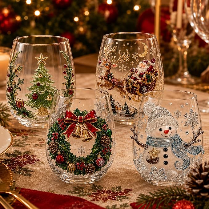 Christmas Wine Glasses, 12oz Stemless Holiday Glassware with Festive Style (Christmas Glasses Set of 4 (A))
