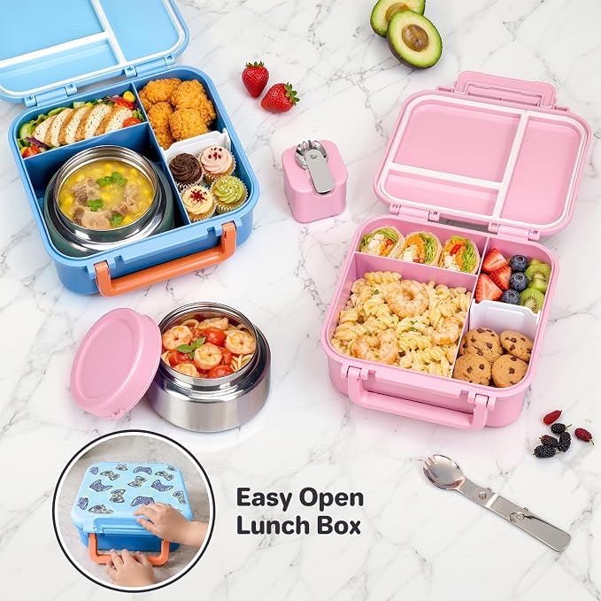 Bento Box for Kids, Lunch Box with Thermo(9oz Food Jar), Silicone Sauce Cup, Stainless Steel Spoon & Removable Divider, Kids Lunch Box Set for Girls Boys Back to School, Blue