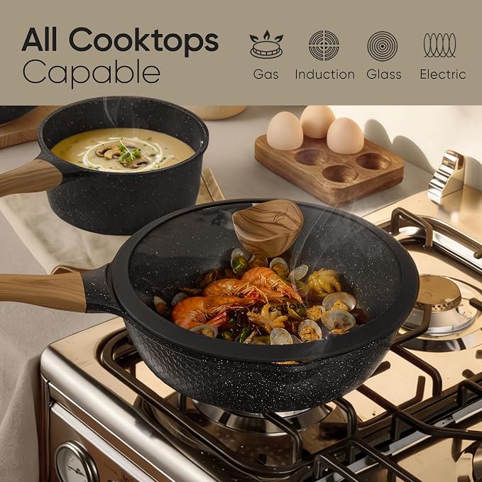 CAROTE 26pcs Nonstick Pots and Pans Set, Cookware Sets | Induction Kitchen Set, Durable, Innovative Surface Texture, Fit All Stovetops, Fast & Even Heating, with Stockpot & Steamer