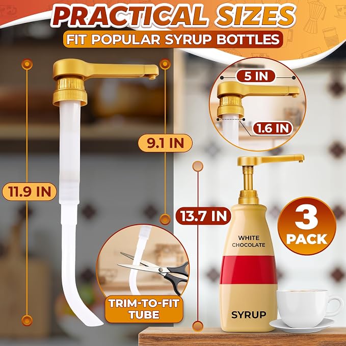 3 Pcs Sauce Pumps, Compatible with Torani, Davinci & Ghirardelli | Sauce Pump Dispenser 0.5oz Each Press; Adjustable Long Tube, Lockable Design; for 64 and 87-90oz Bottles; for Various Liquids