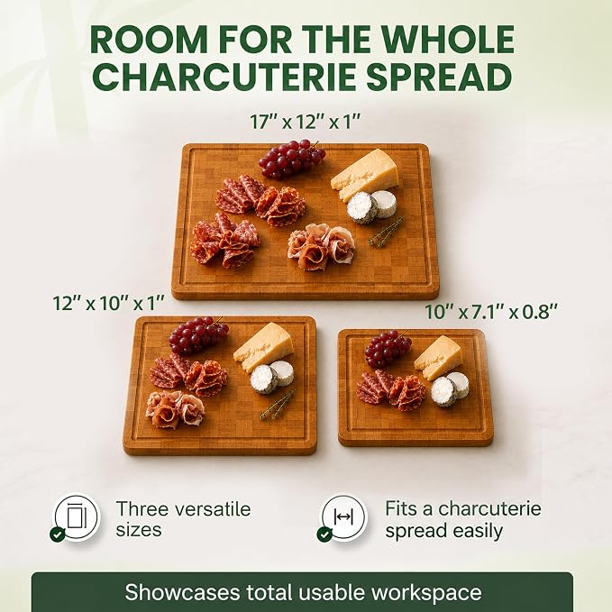 Wood Cutting Boards for Kitchen with Juice Groove, Eco-Friendly Wooden Bamboo Chopping board, Food-Safe, Non Plastic Tabla Para, Carbonized Butcher Block for Meat, Veggies Fruits, 3-Set