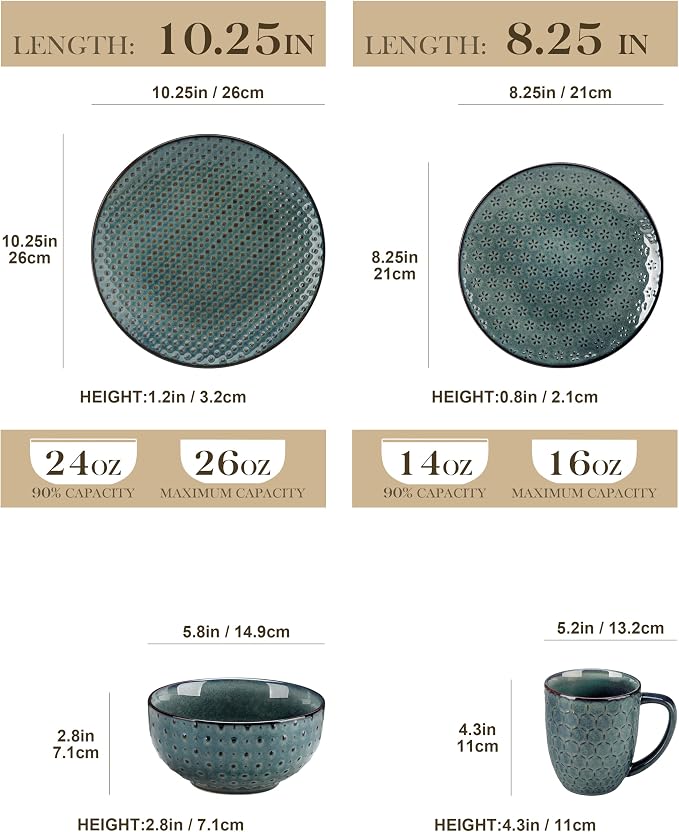 MALACASA 16 Pieces Dinnerware Sets, Farmhouse Plates and Bowls Sets, Embossed Green Dish Set for 4, Vintage Relief Ceramic Dish Set with Mugs, Microwave and Dishwasher Safe, Series LYDIA