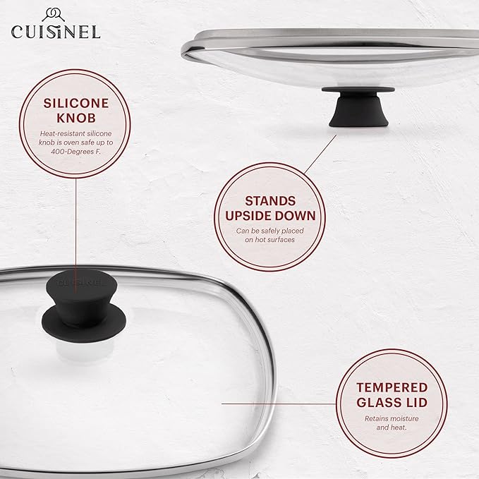 Cuisinel 10.5-Inch Square Cast Iron Grill Pan Set – PFAS & PFOA-Free Pre-Seasoned Ribbed Skillet with Grill Press, Glass Lid & Pan Scraper – Indoor Stovetop, Grill & Camping Cookware