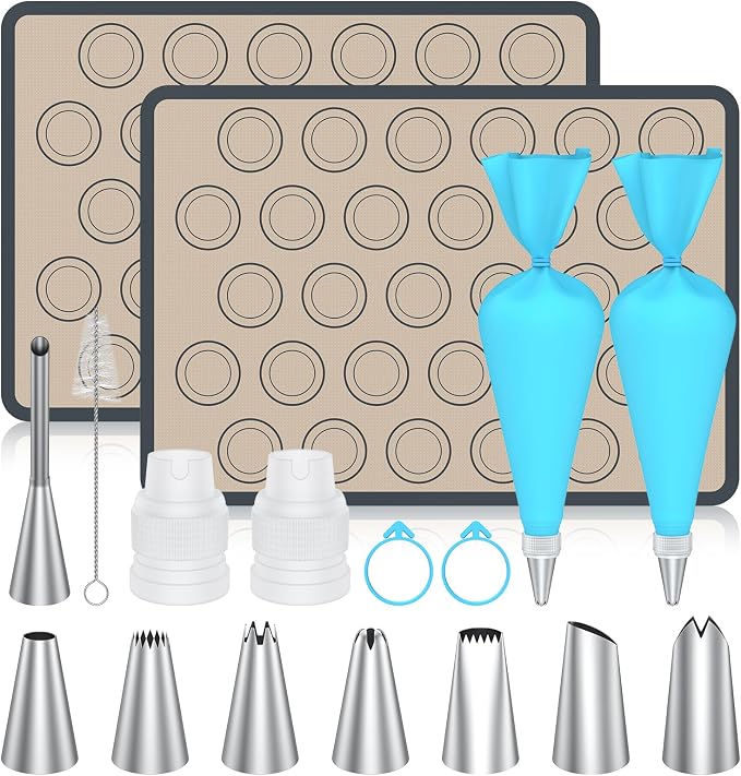 Macaron Silicone Baking Gray Mats, 17 Pcs Macaron Baking Kits | 2 Nonstick Macaroon Mat Silicone, 7 Piping Tips, 2 Piping Bags, 2 Bag Ties, 2 Couplers, 1 Puff Tip, 1 Brushes
