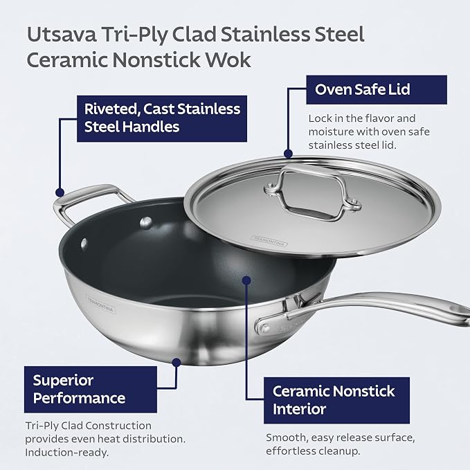 Tramontina Utsava Tri-Ply Clad Stainless Steel 3.75-Quart Wok with Lid | Ceramic Non Stick Interior, Induction-Ready Cooking Pan