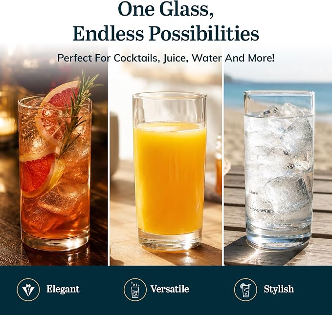Heavy Base Drinking Glasses Set of 8, Weighted Clear Water Cups | 15.5 oz Capacity for Water, Juice, Soda, Cocktails, and More with Weighted Base and Dishwasher-Safe Cleanup
