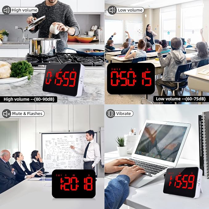 PERSUPER Digital Timer Kitchen Timer Count Down Up Rechargeable Kitchen Gadgets Vibration Mode Adjustable Volume and Brightness LED Display Time Management for Cook, Desk, Kids Adults Study Teaching | Adjustable Volume and Brightness LED Display, Time ...