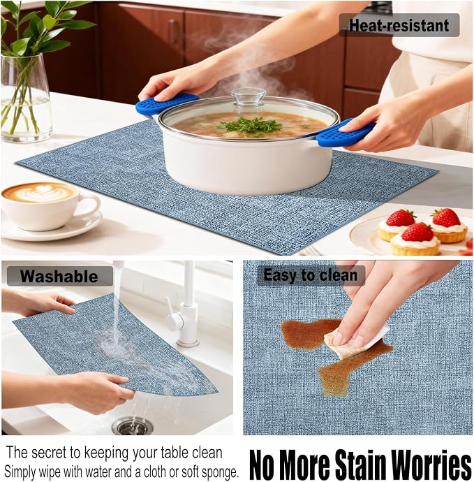 Faux Leather Placemats Set of 6, 11.8"x17.7", Sky Blue | Reversible Table Mats, Waterproof, Stain & Heat Resistant, Easy Clean for Dining, Gatherings, Outdoor