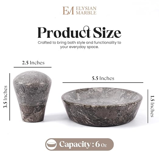 Mortar and Pestle Set, Oceanic Marble 5.5 Inch Wide Shallow Mortar with Pestle, Manual Spice Grinder for Herbs, Garlic, Ginger, Pesto, Guacamole, Salsa and Fresh Seasoning