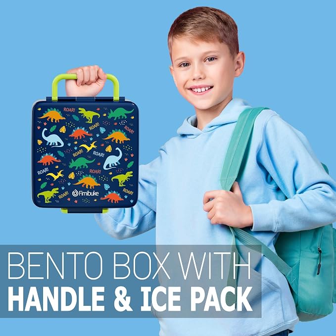 Fimibuke Chill Bento Box for Kids, Toddler Lunch Box with Built-In Ice Pack | Keep Cold Leak Proof BPA Free 4 Compartment Lunch Container with Utensil for Girl Boy School Adult, Microwave Dishwasher Safe