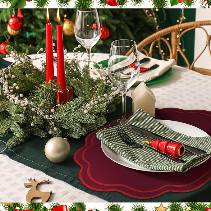 6 Pcs Wine Red Wedding Placemats Scalloped Embroidered Cotton Linen Placemats 17" x 13" Double Layered Machine Washable Table Place Mat for Party Table Decor (Cotton)