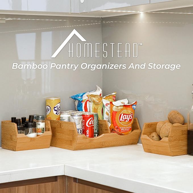 HOMESTEAD Bamboo Pantry Storage Bins – Stackable Potato & Onion Storage Bin for Kitchen Countertop, Pantry Organizer, Fruit Vegetable Basket, Multiuse - Set of 3 Slide-Out Access