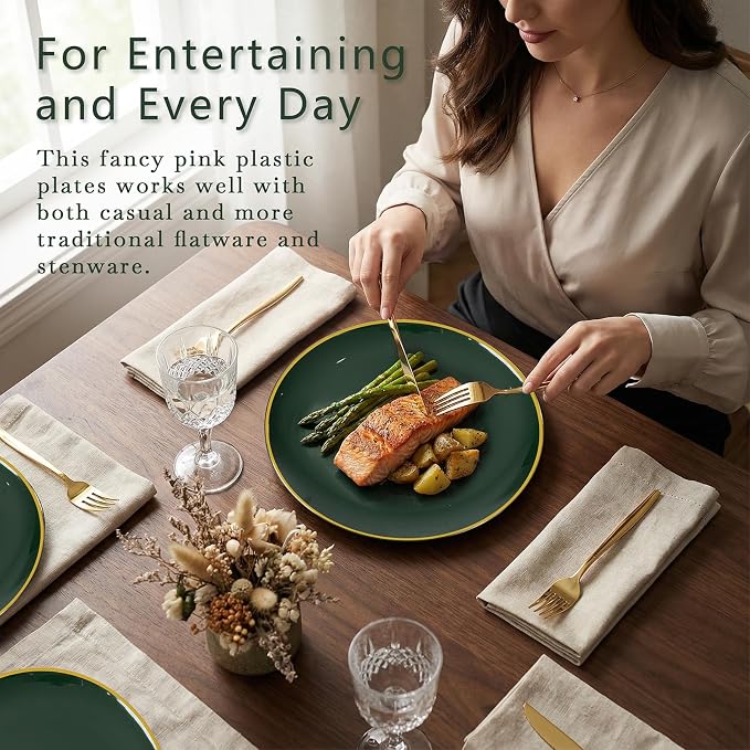 KIRE 350PCS Green and Gold Plates - Plastic Dinnerware Set for Christmas | 50Guests Include 100PC Green Plastic Disposable - 50PCSPre Rolled Napkins with Silverware &50PCS Cups for Wedding/Holiday