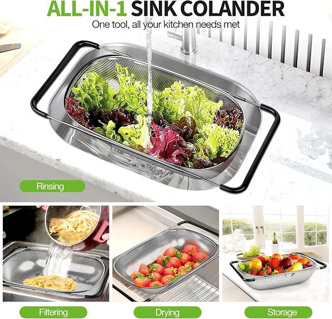 FirstE Stainless Steel Over the Sink Colander Strainer Basket 6 Quart | Fine Mesh Colander with Expandable Anti-slip Rubber Grip Handles, Kitchen Vegetable Strainer for Drain Pasta, Rinse Fruits