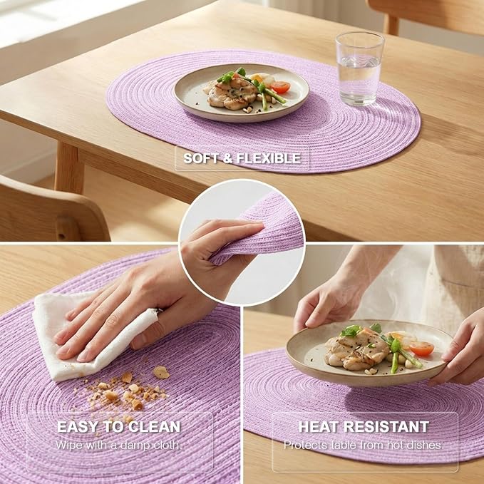 Placemats Set of 6, Woven Oval Braided Dining Table Mats(Lavender Purple) | 12 x 17.5 Inch Size Fits Plates and Flatware; Hand Washable and Heat Resistant for Kitchen Use, with Farmhouse and Boho Style