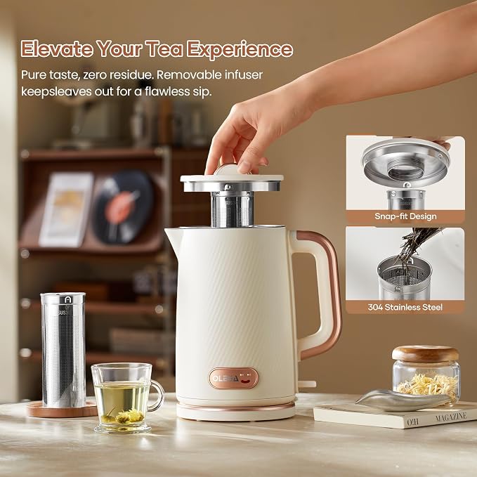 OLEGA Electric Kettle: 1200W Fast Boil Tea Kettles with Tea Infuser 1.5L | Stainless Steel Kettle; Electric Water Kettle with Strainer; Plastic Free Teapot; Auto Shut-Off Water Boiler