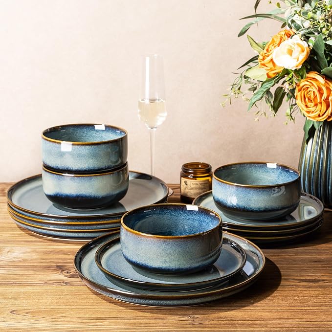 Ceramic Dinnerware Set for 4, 12-Piece Plates and Bowls Set | Handmade Reactive Glaze Dish Set, Scratch Resistant, Oven & Microwave & Dishwasher Safe, Denim Blue