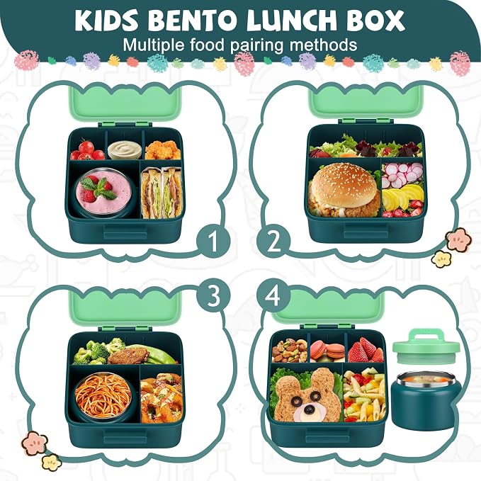 MAISON HUIS Bento Lunch Box with 8oz Soup Thermo, 5-Compartment Leak-Proof Container, Thermo Hot Food Jar and Insulated Lunch Bag, BPA Free,Travel, School (Green)
