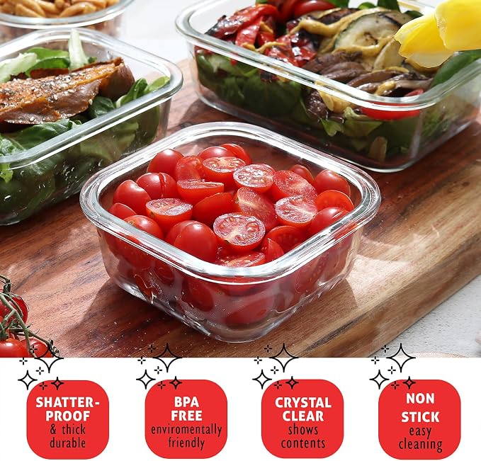 EATEX 32pc Glass Storage Containers with Lids, 16 Glass Food Storage Containers with 16 Airtight Lids for Pantry & Kitchen, Meal Prep Containers for Lunch, Oven Freezer Microwave & Dishwasher Safe