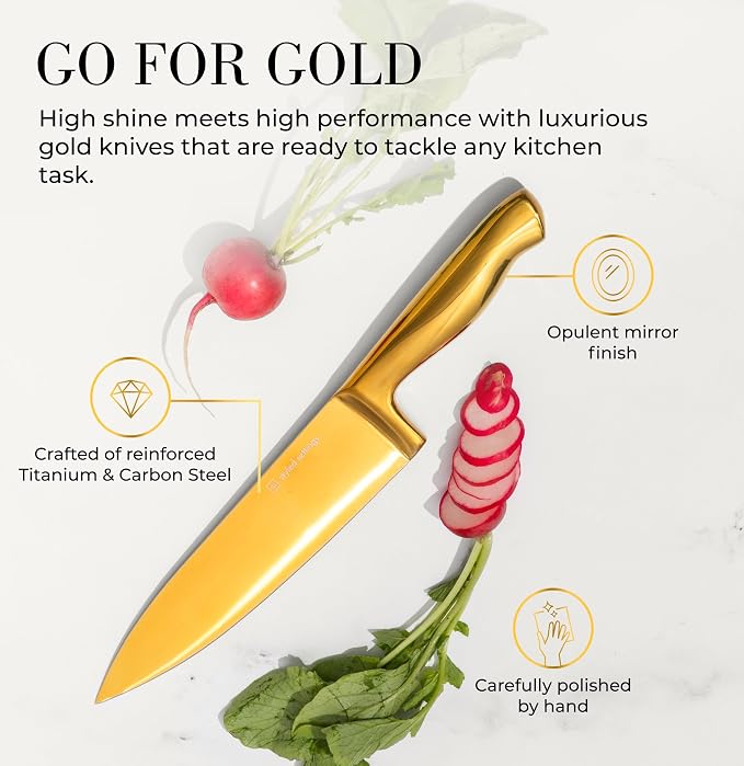 Styled Settings Gold Knife Set with Block and Built-In Sharpener, 14-Piece | Full Tang Titanium-Coated Stainless Steel Gold Kitchen Knife Set with Self-Sharpening Block, Gold Kitchen Accessories