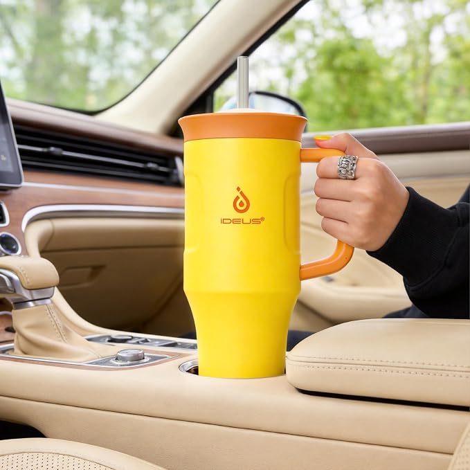 Ideus 32 oz Tumbler with Handle and Straw, Yellow | 100% Leak Proof, Double Wall Vacuum Insulated, Stainless Steel Travel Mug, Cup Holder Friendly