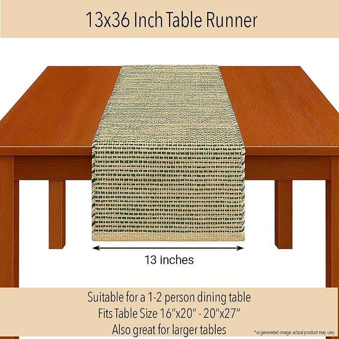 Chardin Natural Jute Table Runner, 13x36 Inch | Home, Vintage Boho Rustic Decor, Handwoven, Green, Farmhouse Dining or Console Table Accent