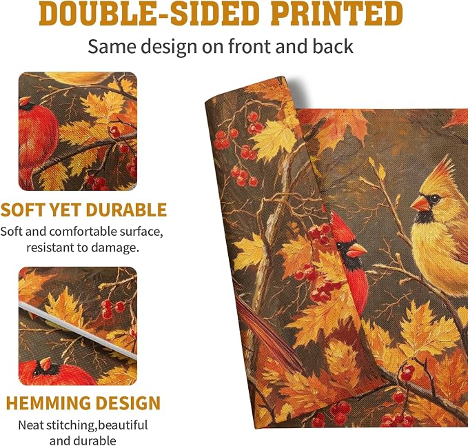 Maple Leaf Birds Fall Placemats Set of 4 Rustic Autumn Colored Maple Forest Tree Place Mat Seasonal Thanksgiving Harvest Table Mats for Party Kitchen Dining Outdoor Indoor Decor