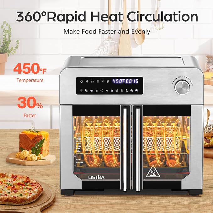 OSTBA French Door Air Fryer Toaster Oven Combo, 24QT 10-in-1 Oven | 1700W Heating, Adjustable Fan Speed, Rotisserie Function, 102-Recipe Book, Removable Crumb Tray, Stainless Steel Finish