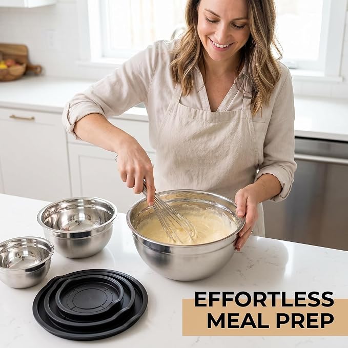 Mixing Bowls with Lids Set of 3, Stainless Steel Nesting Bowls with BPA-Free TPE Lids, 1.5/2.5/5 QT Kitchen Bowls for Baking, Salad Prep, Meal Prep, Mixing and Storage