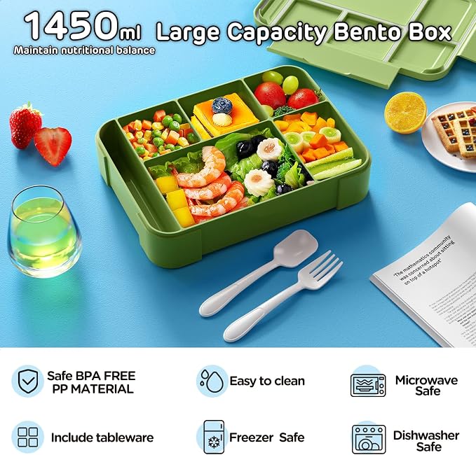 Bento Box Kids Lunch Box - 1450ml Large Leakproof 6 Compartments Kids Lunchbox Toddler Bento Box with Utensils for School, Book-Style Reusable Lunch Snack Containers for Daycare