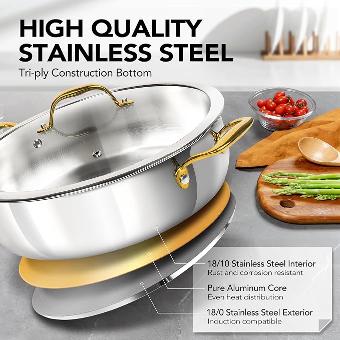 MICHELANGELO Stainless Steel Pan - 6 Quart Braiser Pan, 12 Inch Saute Pan with Glass Lid, Non-Coated Deep Frying Pan Induction Compatible & Dishwasher Safe