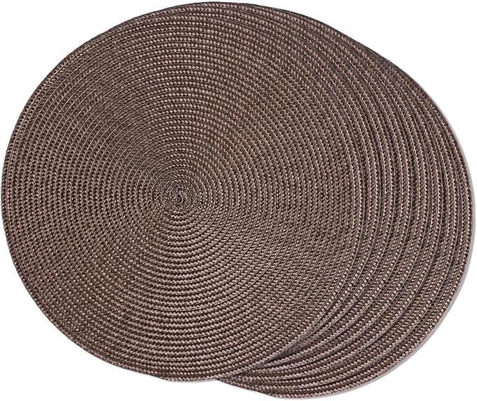 FunWheat Round Braided Placemats Set of 8 Place Mats for Dining Table Woven Washable Non-Slip Table Mats 15 Inch(Brown,8pcs)