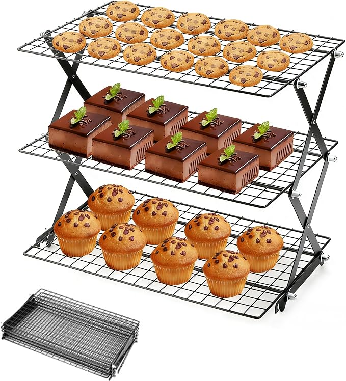 3-Tier Collapsible Cooling Rack with Adjustable 3 Setting, Wire Cooling Roasting Cooking Baking Drying Rack for Cookies Bread Turkey, Candy, Fruit, Snacks