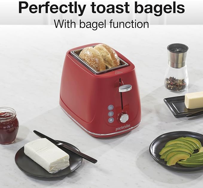 Proctor Silex 2 Slice Toaster With Bagel, Defrost & Cancel Buttons | Browning Control With 7 Shades | Auto Shutoff | Wide Slots | Toast Boost | Slide-Out Crumb Tray | Red | 22661