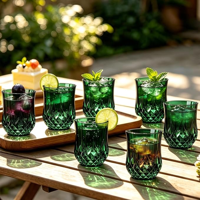 24 Pack 12 Oz Plastic Stemless Wine Glasses, Dark Green | Unbreakable, Reusable, Elegant Vintage Design, Fancy Cocktail Cups, Whiskey, Champagne, Wedding, Party, Bars, Holiday Events