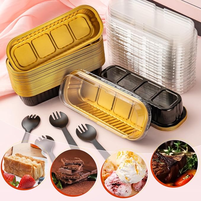 FNIU 30Pcs Mini Loaf Pans with Lids, Aluminum Foil Baking Pans, Rectangle Mini Cake Pans, Brownie Baking Cups for Wedding Birthday Party (Black Gold) | Brownie Baking Cups for Wedding Birthday Party (Black Gold)