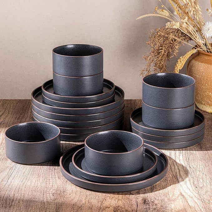 LERATIO Stoneware Dinnerware Sets for 8,24-Piece Matte Plates and Bowls Set | Handmade High Edge Rim Dish Set,Oven & Microwave,Dishwasher Safe,Scratch Resistant-Ashen