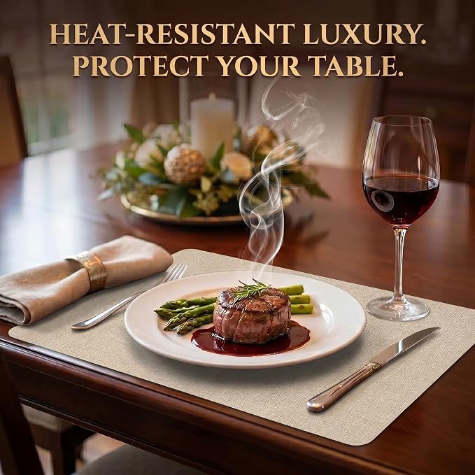 Faux Leather Placemats Set of 6, Wipeable Waterproof Stain Resistant Table Mats, Heat Resistant Thick Placemats with Hand-Painted Edges for Kitchen Dining, Imitative Linen Texture, Various Shapes
