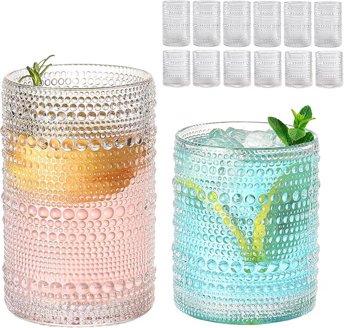 ZMOWIPDL Drinking Glasses Set of 12,Clear 12oz & 15oz Hobnail Glass Cups | Vintage Glassware，Embossed Water Tumbler,for Beer,Cocktail,Whiskey,Juice and Various Mixed Drinks- 1 Cleaning Brush