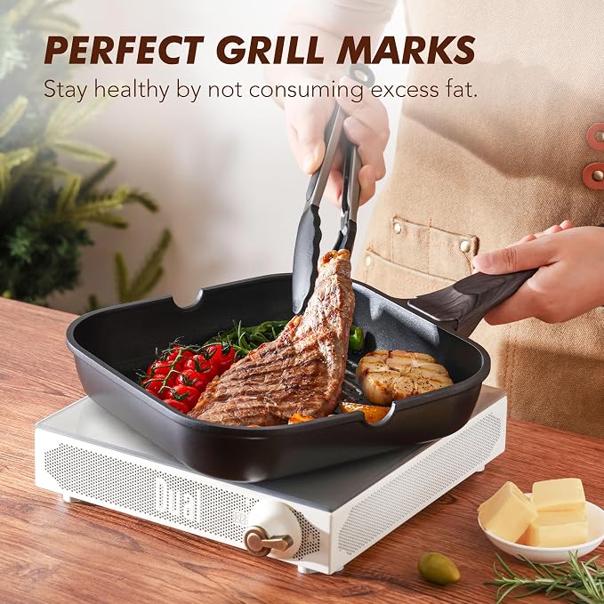 SENSARTE Nonstick Grill Pan for Stove Tops, Versatile Griddle Pan with Pour Spouts, Square Grill Pan for Big Cooking Surface, Durable Grill Skillet for Indoor & Outdoor Grilling. PFOA Free, 11 Inch