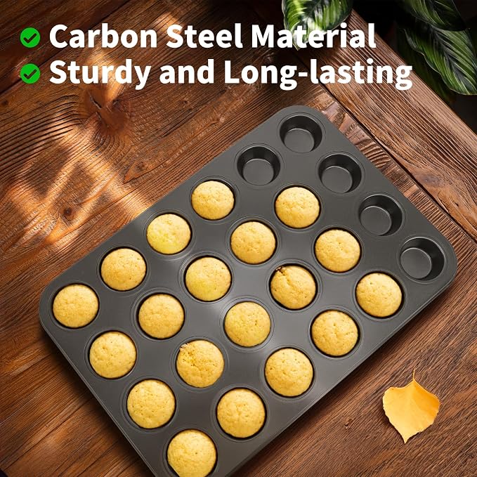 Beasea Nonstick Mini Muffin Pan 24 Cups, 2 Pack 24 Mini Small Tiny Cup Non Stick Muffin Baking Pan Tin Tray Carbon Steel Bakeware Individual Cupcake Baking Pan - Black