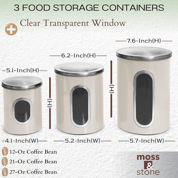 Moss & Stone 3-Pcs Beige Canisters Set for Kitchen Storage Airtight Jars | See-through window, coffee container, tea organizer, sugar canister, 3 nesting sizes, counter decor, easy press-on lids