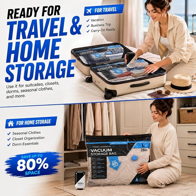 Travel Vacuum Bags with 60KPA Pump, 16 Pack Vacuum Seal Bags for Clothing | Compression packing bags for carry-on luggage and suitcases, leak-proof space savers for bedding and seasonal home storage