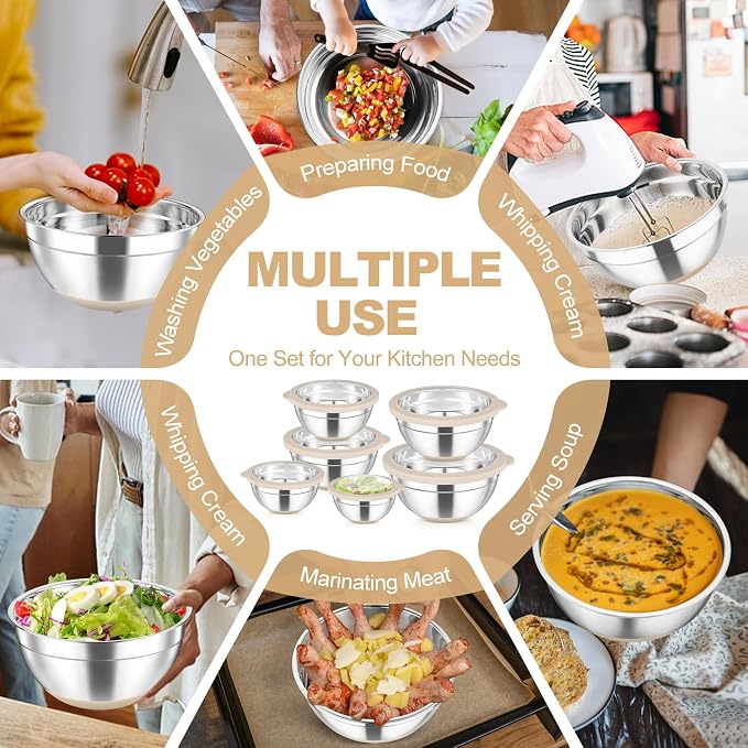 TeamFar Mixing Bowls with Clear Lids, Stainless Steel Salad Bowls, Khaki | Metal Nesting Bowls with Non-Slip Bottom for Flour Fruit, Baking Mixing Serving Prepping, 6PCS, 4.6/ 3.5/ 2/ 1.5/ 1/ 0.7 QT