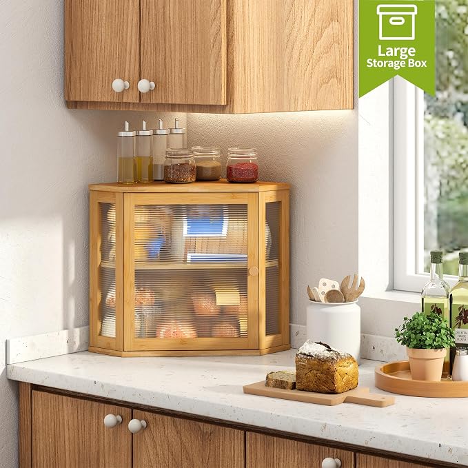 BMOSU Corner Bread Box for Kitchen Countertop Double Layer Bamboo Wooden Bread box Large Capacity Bread Storage Bin(Natural, Medium)