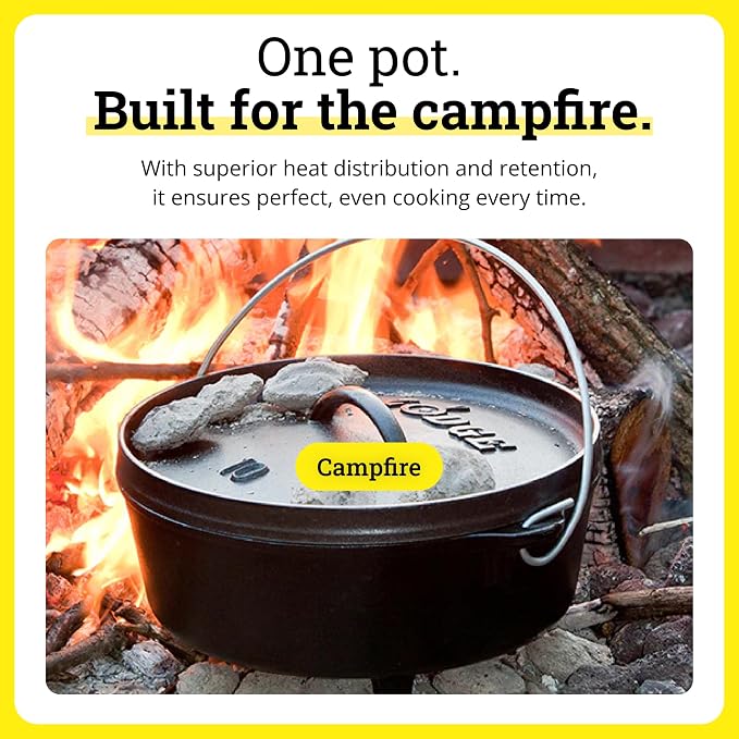 Lodge Seasoned Cast Iron Camp Dutch Oven with Lid - 4 Quart - Dual Handles - Seasoned Cast Iron Cookware with Steel Handle & Strong Lid for Heavy- Duty Camping Cookware
