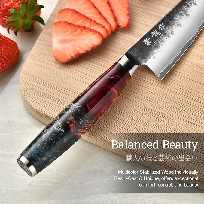 5.5'' Japanese Utility Knife, Black Forged 3-Layer VG10 Steel Core | San-Mai Kurouchi Finish, 62 HRC Hradness, Fine Detail Work, Nimble Blade Control, Resin-Wood Handle, Premium Gift Box