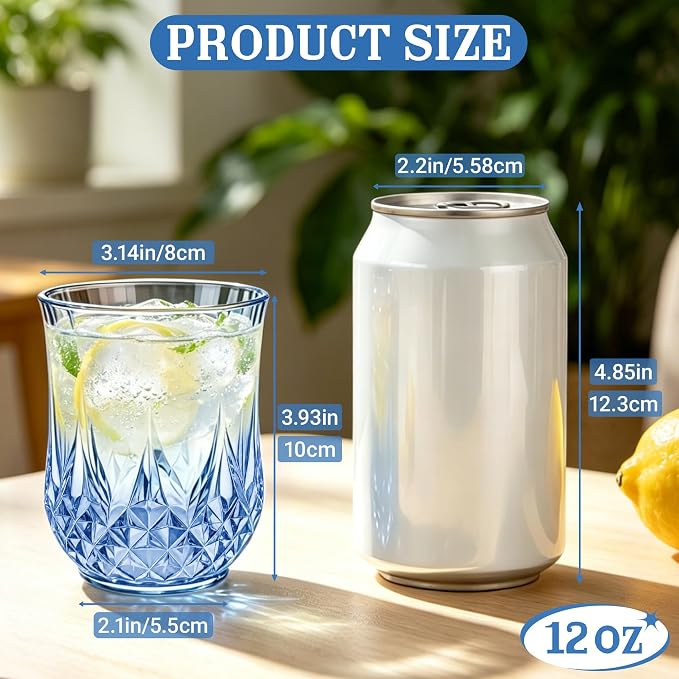 12 Pack 12 Oz Plastic Stemless Wine Glasses, Blue | Unbreakable, Reusable, Elegant Vintage Design, Fancy Cocktail Cups, Whiskey, Champagne, Wedding, Party, Bars, Holiday Events