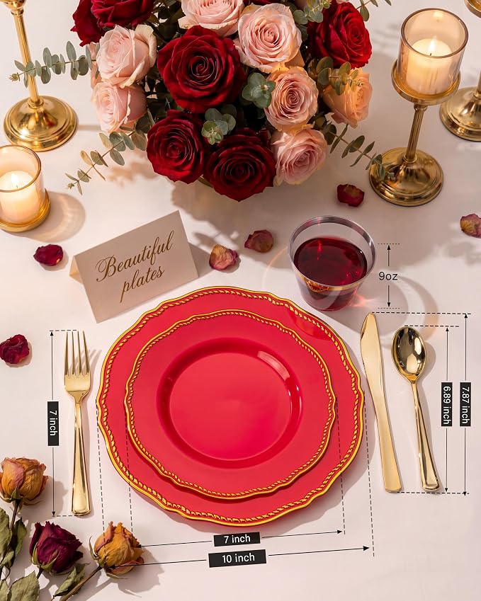 350 Pcs Red Gold Plastic Plates Wedding & Party | Red Plastic Dinnerware Set Includes 50 Dinner Plates, 50 Dessert Dinnerware, 50 Cups, 50 Pre-rolled Napkins